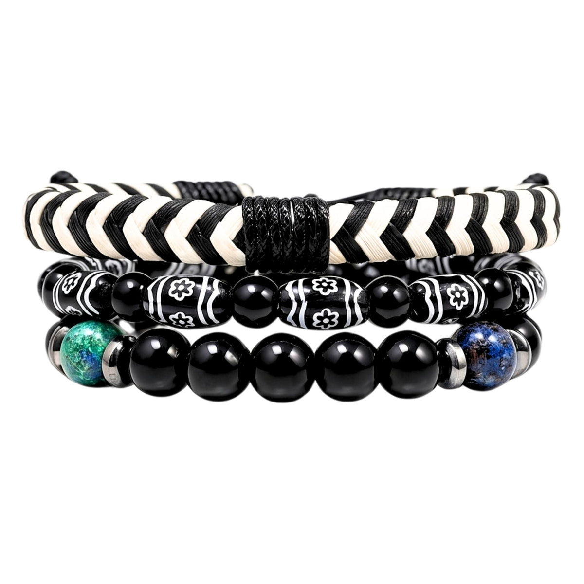 THE MEN THING Leather Bracelet NIGHT TRIBE - 3 Pcs Genuine Braided Leather Adjustable Bracelets for Men & Boys