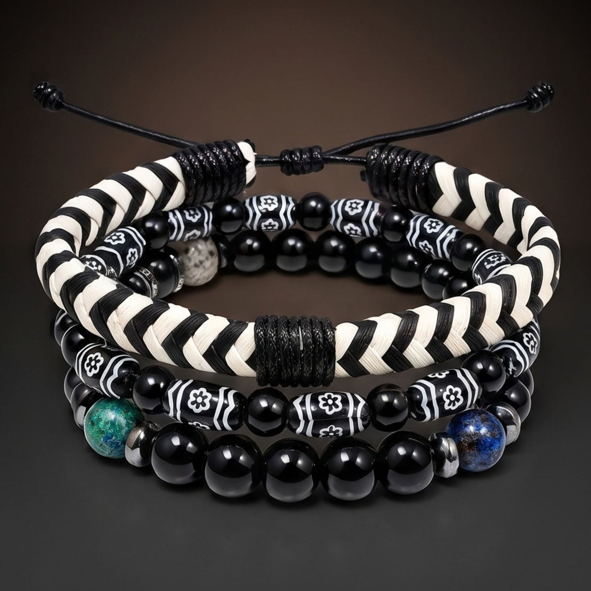THE MEN THING Leather Bracelet NIGHT TRIBE - 3 Pcs Genuine Braided Leather Adjustable Bracelets for Men & Boys