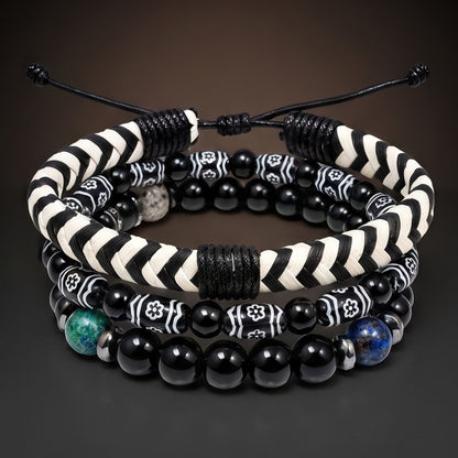 THE MEN THING Leather Bracelet NIGHT TRIBE - 3 Pcs Genuine Braided Leather Adjustable Bracelets for Men & Boys