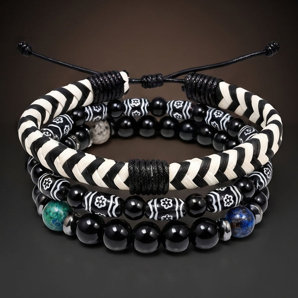 NIGHT TRIBE - 3 Pcs Genuine Braided Leather Adjustable Bracelets for Men & Boys