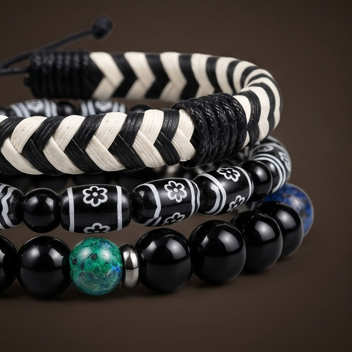 THE MEN THING Leather Bracelet NIGHT TRIBE - 3 Pcs Genuine Braided Leather Adjustable Bracelets for Men & Boys