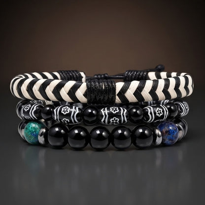 THE MEN THING Leather Bracelet NIGHT TRIBE - 3 Pcs Genuine Braided Leather Adjustable Bracelets for Men & Boys