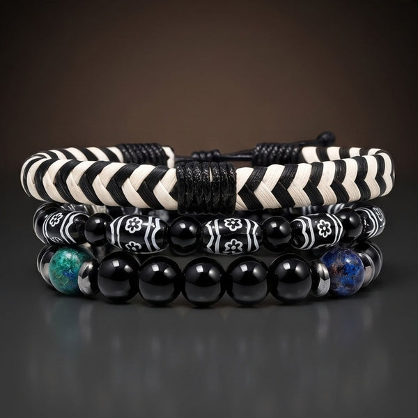 NIGHT TRIBE - 3 Pcs Genuine Braided Leather Adjustable Bracelets for Men & Boys
