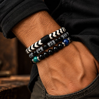 THE MEN THING Leather Bracelet NIGHT TRIBE - 3 Pcs Genuine Braided Leather Adjustable Bracelets for Men & Boys
