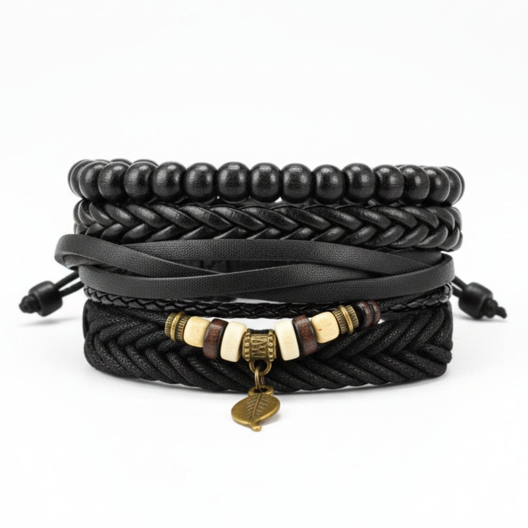THE MEN THING Leather Bracelet NIGHTWIND LEAF - 4 Pcs Genuine Leather Adjustable Bracelet Set for Men & Boys (8 inch)