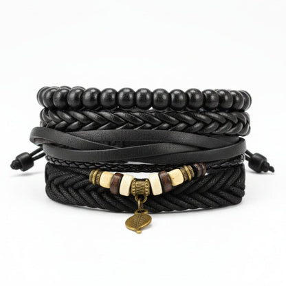 THE MEN THING Leather Bracelet NIGHTWIND LEAF - 4 Pcs Genuine Leather Adjustable Bracelet Set for Men & Boys (8 inch)
