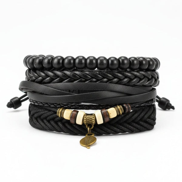 NIGHTWIND LEAF - 4 Pcs Genuine Leather Adjustable Bracelet Set for Men & Boys (8 inch)