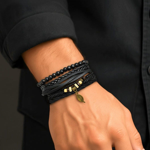 NIGHTWIND LEAF - 4 Pcs Genuine Leather Adjustable Bracelet Set for Men & Boys (8 inch)