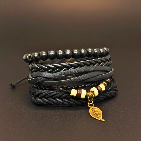 NIGHTWIND LEAF - 4 Pcs Genuine Leather Adjustable Bracelet Set for Men & Boys (8 inch)