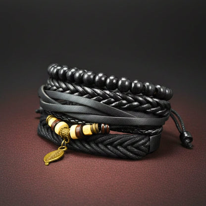 THE MEN THING Leather Bracelet NIGHTWIND LEAF - 4 Pcs Genuine Leather Adjustable Bracelet Set for Men & Boys (8 inch)
