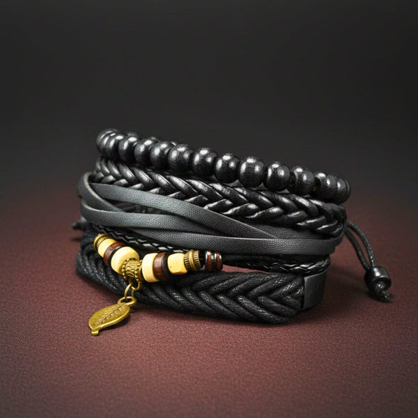 NIGHTWIND LEAF - 4 Pcs Genuine Leather Adjustable Bracelet Set for Men & Boys (8 inch)