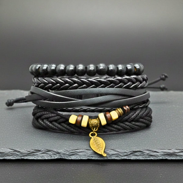 NIGHTWIND LEAF - 4 Pcs Genuine Leather Adjustable Bracelet Set for Men & Boys (8 inch)