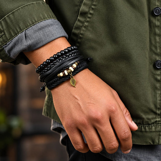 THE MEN THING Leather Bracelet NIGHTWIND LEAF - 4 Pcs Genuine Leather Adjustable Bracelet Set for Men & Boys (8 inch)