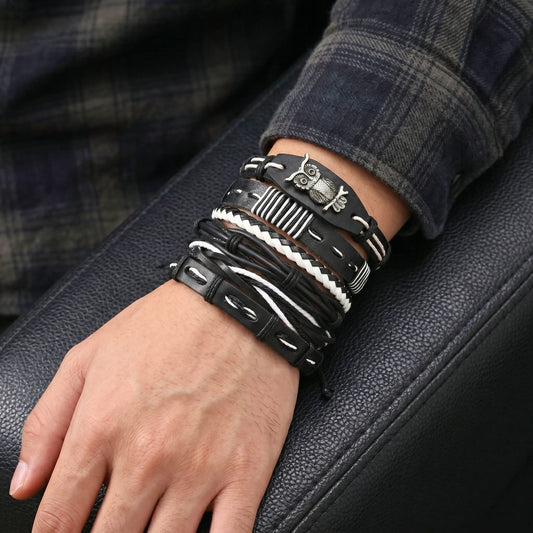 THE MEN THING Leather Bracelet NOCTOWL - 6 Pcs Genuine Leather Adjustable Bracelet for Men & Boys