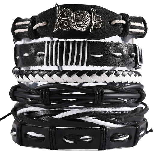 THE MEN THING Leather Bracelet NOCTOWL - 6 Pcs Genuine Leather Adjustable Bracelet for Men & Boys