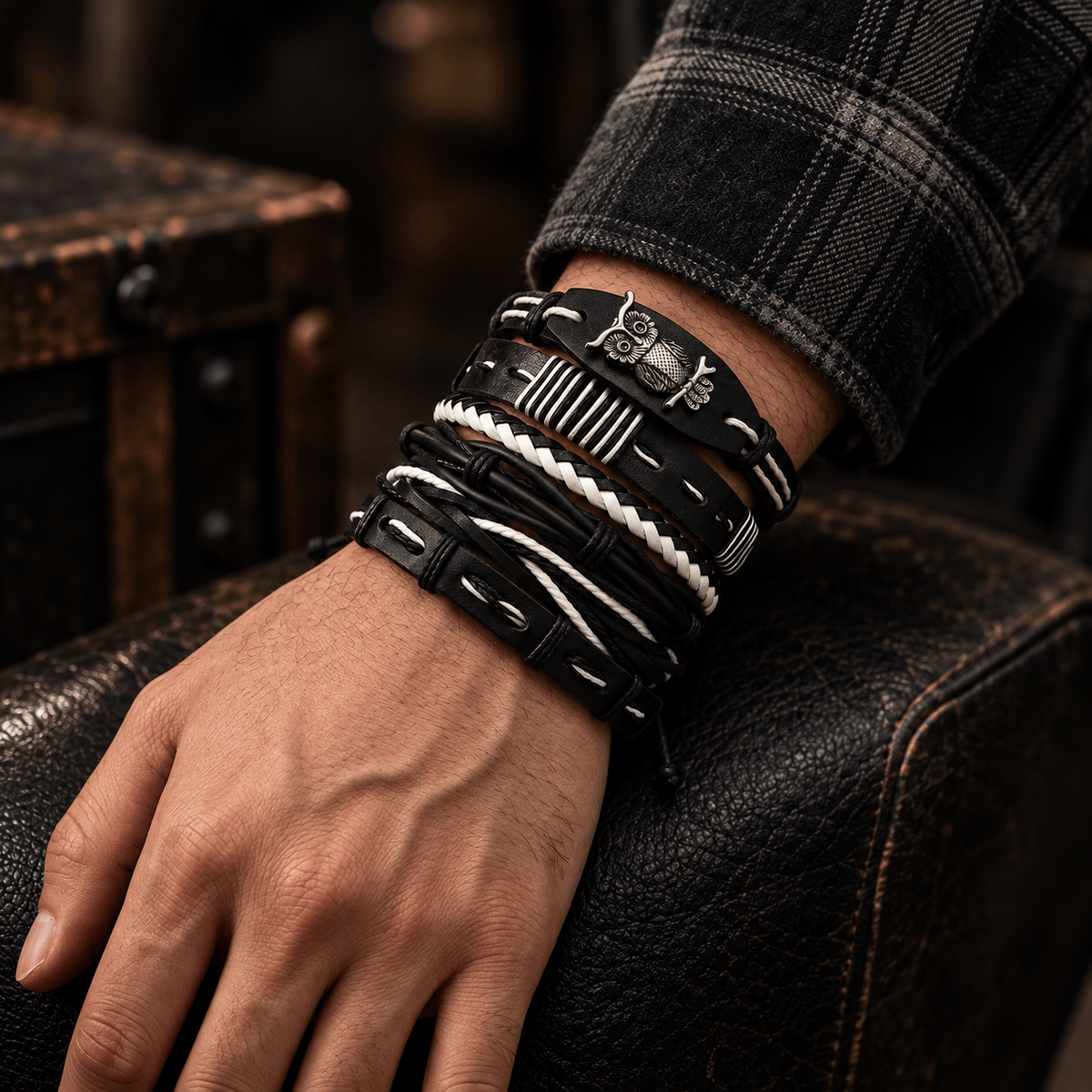 THE MEN THING Leather Bracelet NOCTOWL - 6 Pcs Genuine Leather Adjustable Bracelet for Men & Boys