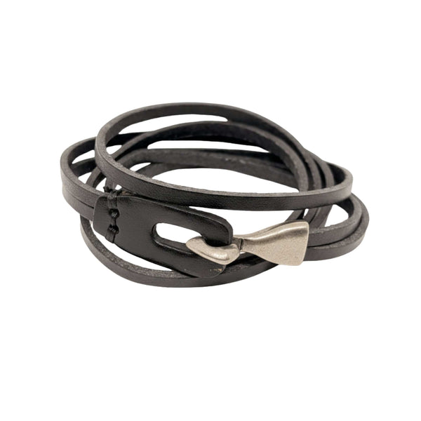 NOIR ANCHOR WRAP - 9mm Black Genuine Leather Adjustable Bracelet for Men & Boys (22 inch)