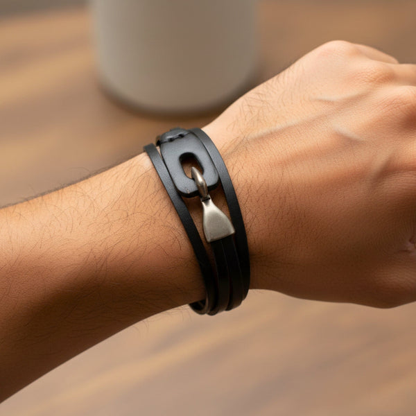 NOIR ANCHOR WRAP - 9mm Black Genuine Leather Adjustable Bracelet for Men & Boys (22 inch)