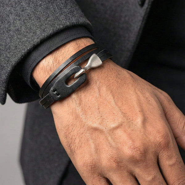 NOIR ANCHOR WRAP - 9mm Black Genuine Leather Adjustable Bracelet for Men & Boys (22 inch)