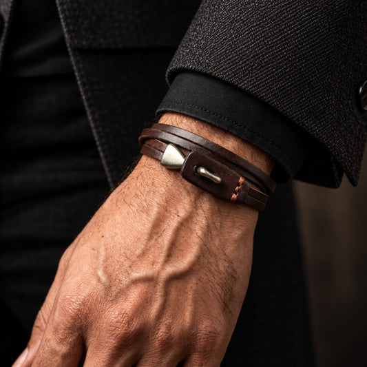 THE MEN THING Leather Bracelet NOIR ANCHOR WRAP - 9mm Dark Brown Genuine Leather Adjustable Bracelet for Men & Boys (23 inch)
