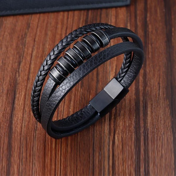 नोयर ब्रेड ब्लैक - पुरुषों और लड़कों के लिए स्टेनलेस स्टील मैग्नेटिक बकल के साथ असली लेदर मल्टी-लेयर ब्रेडेड ब्रेसलेट (8 इंच)