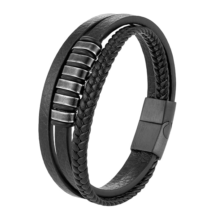 THE MEN THING Leather Bracelet NOIR BRAID BLACK - Genuine Leather Multi-Layer Braided Bracelet with Stainless Steel Magnetic Buckle for Men & Boys (8 inch)
