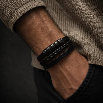 THE MEN THING Leather Bracelet NOIR BRAID BLACK - Genuine Leather Multi-Layer Braided Bracelet with Stainless Steel Magnetic Buckle for Men & Boys (8 inch)