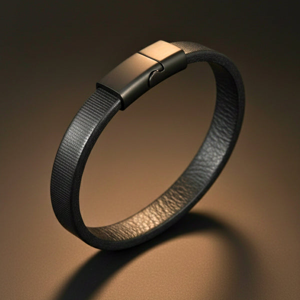 NOIR STRAND - 10mm Genuine Leather Bracelet with Stainless Steel Magnetic Buckle for Men & Boys (8 inch)