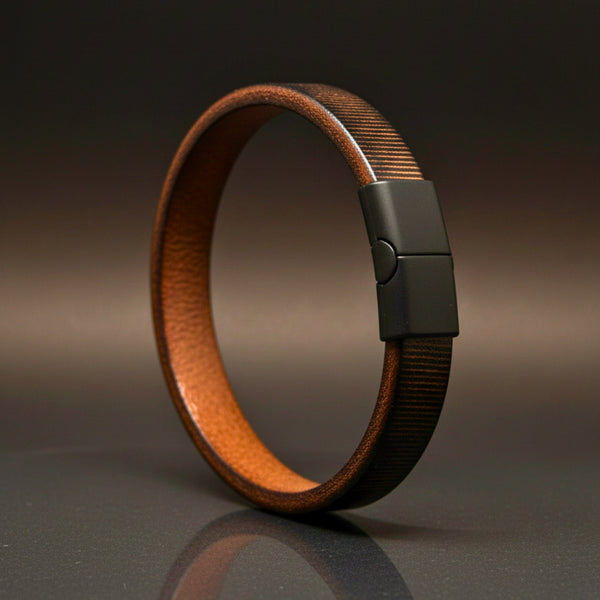 NOIR STRAND - Dark Brown 10mm Genuine Leather Bracelet with Stainless Steel Magnetic Buckle for Men & Boys (8 inch)