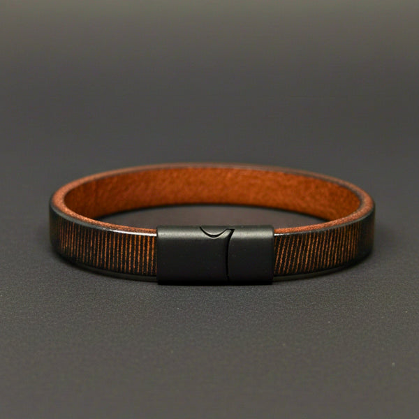 NOIR STRAND - Dark Brown 10mm Genuine Leather Bracelet with Stainless Steel Magnetic Buckle for Men & Boys (8 inch)