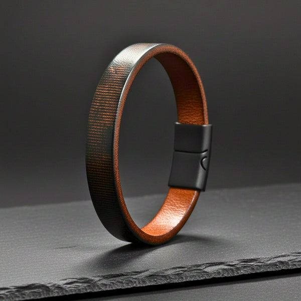 NOIR STRAND - Dark Brown 10mm Genuine Leather Bracelet with Stainless Steel Magnetic Buckle for Men & Boys (8 inch)