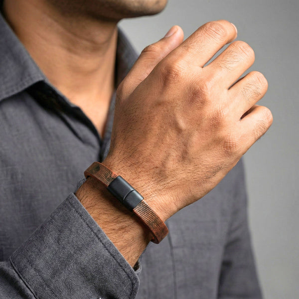 NOIR STRAND - Dark Brown 10mm Genuine Leather Bracelet with Stainless Steel Magnetic Buckle for Men & Boys (8 inch)