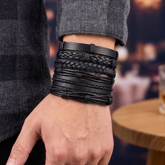 THE MEN THING Leather Bracelet NOIR WEAVE - 6 Pcs Genuine Leather Adjustable Bracelet for Men & Boys