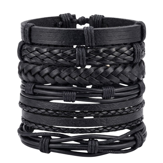THE MEN THING Leather Bracelet NOIR WEAVE - 6 Pcs Genuine Leather Adjustable Bracelet for Men & Boys