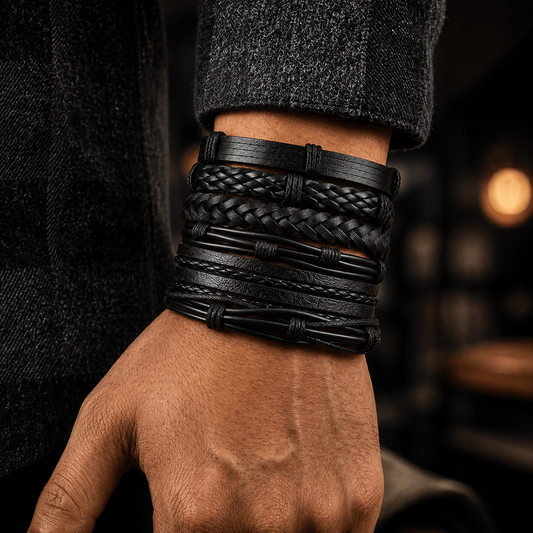 THE MEN THING Leather Bracelet NOIR WEAVE - 6 Pcs Genuine Leather Adjustable Bracelet for Men & Boys
