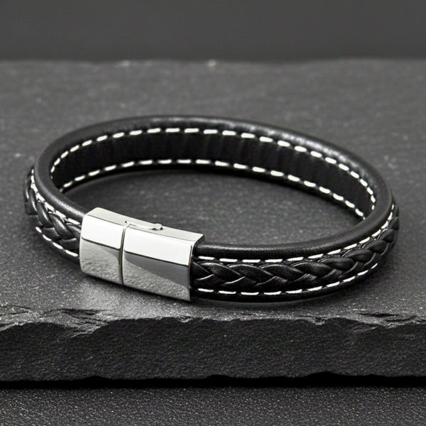 NOIRBOUND - Black 14mm Genuine Leather Bracelet with Stainless Steel Magnetic Buckle for Men & Boys (8 inch)