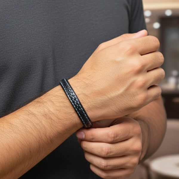 NOIRBOUND - Black 14mm Genuine Leather Bracelet with Stainless Steel Magnetic Buckle for Men & Boys (8 inch)