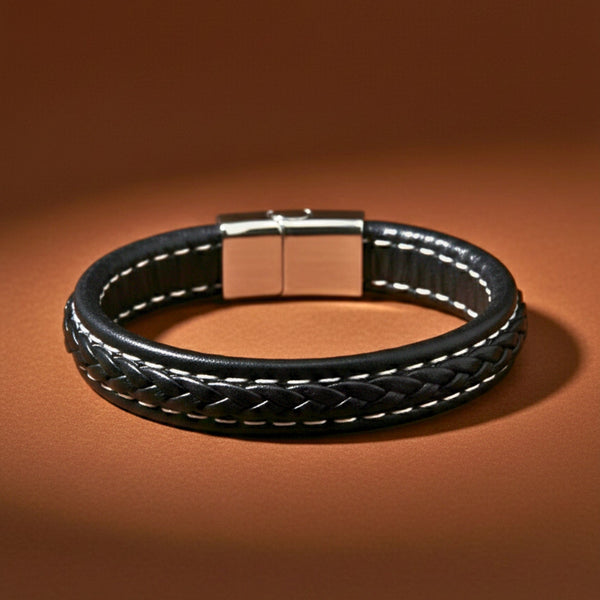 NOIRBOUND - Black 14mm Genuine Leather Bracelet with Stainless Steel Magnetic Buckle for Men & Boys (8 inch)