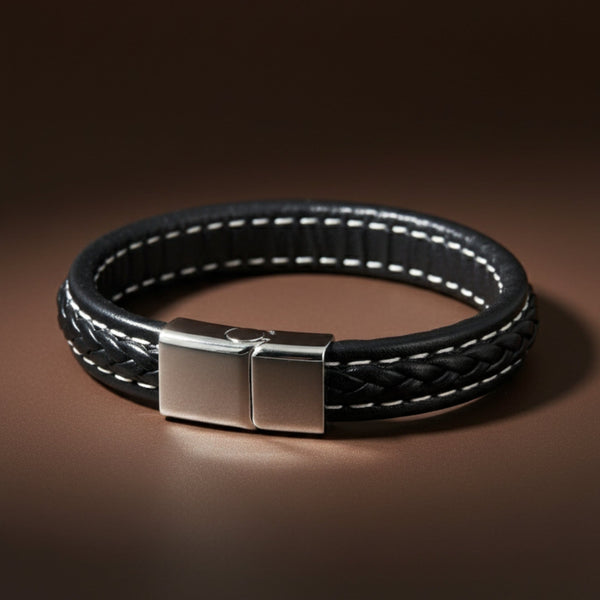 NOIRBOUND - Black 14mm Genuine Leather Bracelet with Stainless Steel Magnetic Buckle for Men & Boys (8 inch)