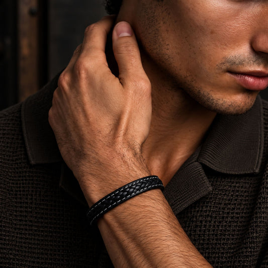 THE MEN THING Leather Bracelet NOIRBOUND - Black 14mm Genuine Leather Bracelet with Stainless Steel Magnetic Buckle for Men & Boys (8 inch)
