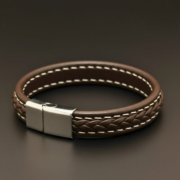 NOIRBOUND - Brown 14mm Genuine Leather Bracelet with Stainless Steel Magnetic Buckle for Men & Boys (8 inch)