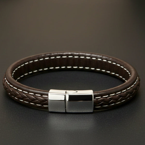 NOIRBOUND - Brown 14mm Genuine Leather Bracelet with Stainless Steel Magnetic Buckle for Men & Boys (8 inch)