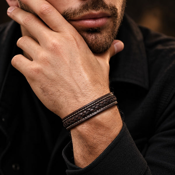 NOIRBOUND - Brown 14mm Genuine Leather Bracelet with Stainless Steel Magnetic Buckle for Men & Boys (8 inch)
