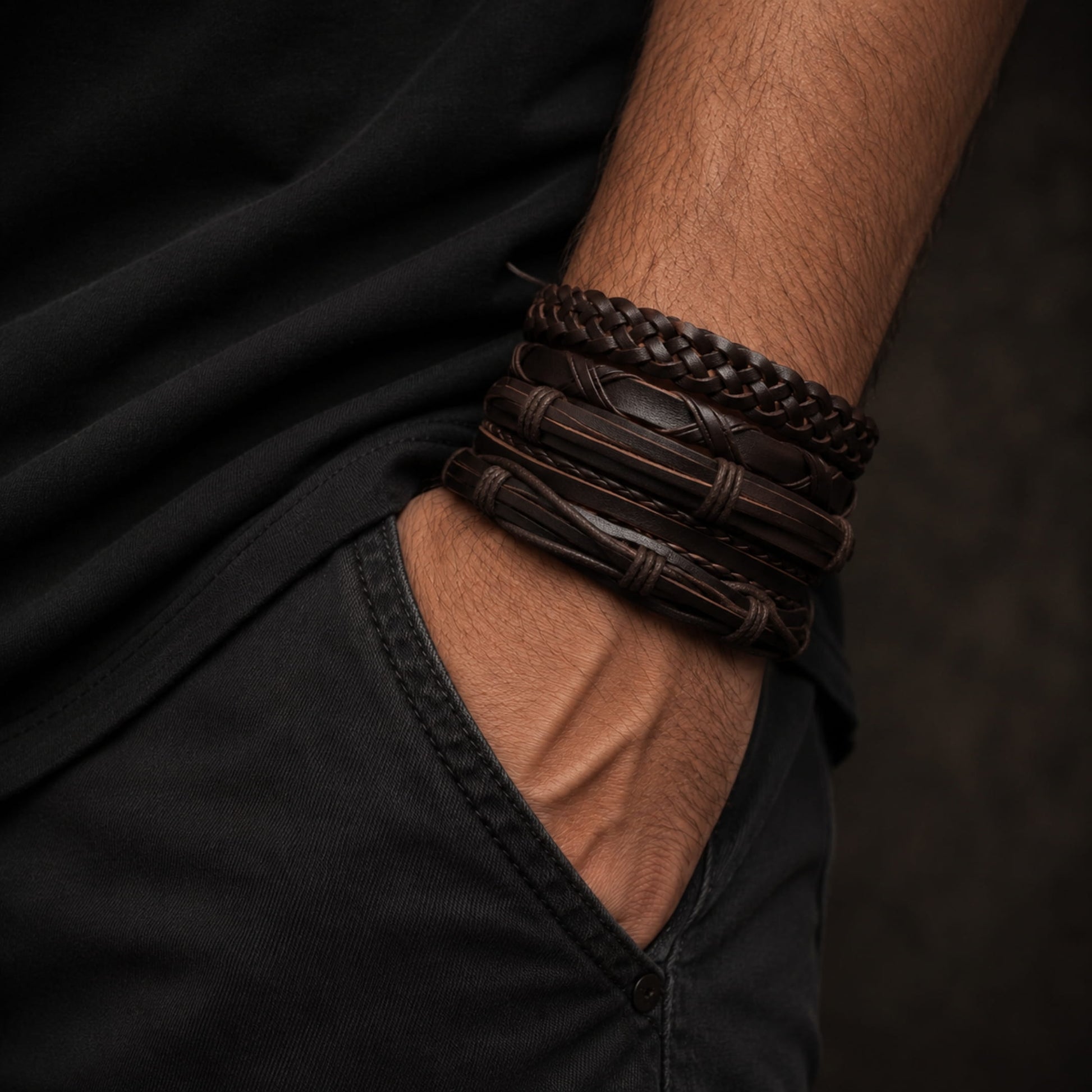 THE MEN THING Leather Bracelet NOMAD KNOTS - 5 Pcs Genuine Braided Leather Bracelet Set for Men & Boys (8 inch)