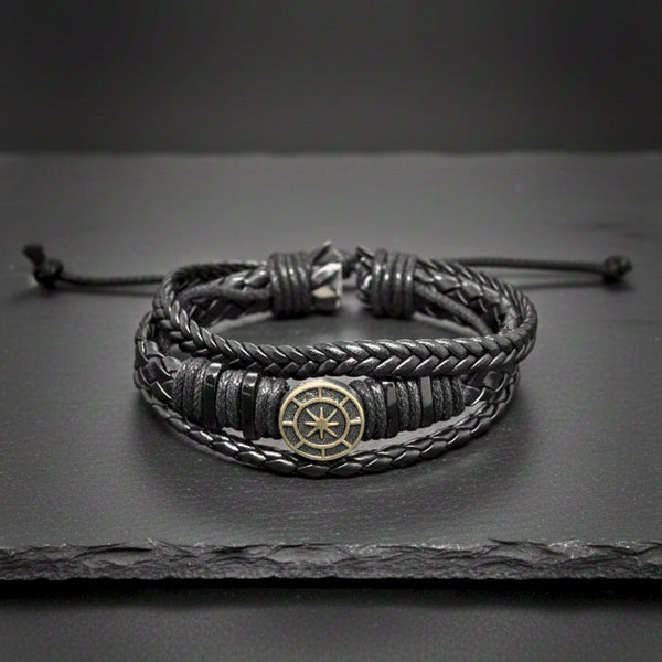 NOMAD STAR - Black Genuine Leather Bracelet Set for Men & Boys (Adjustable)