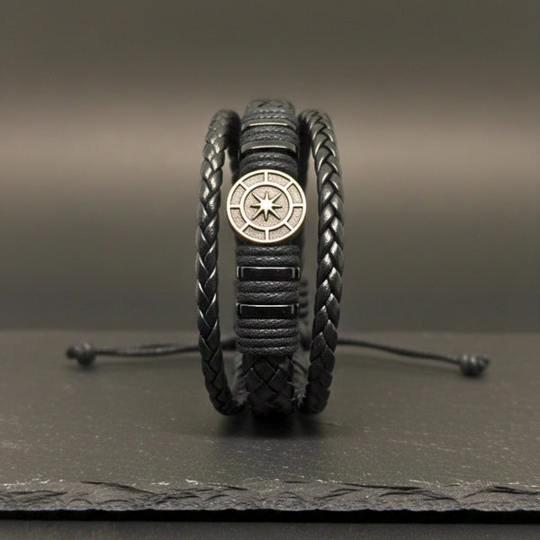 NOMAD STAR - Black Genuine Leather Bracelet Set for Men & Boys (Adjustable)