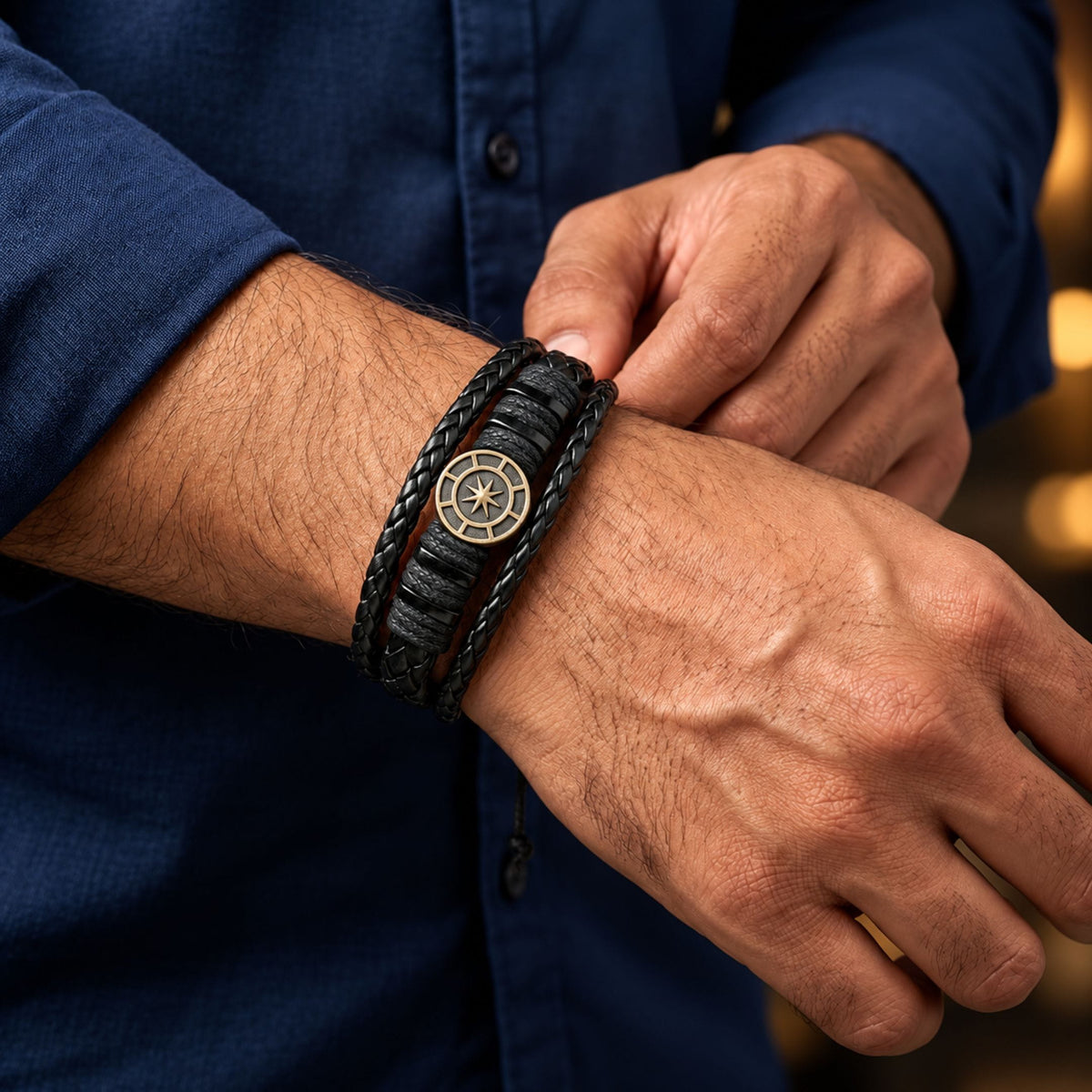 THE MEN THING Leather Bracelet NOMAD STAR - Black Genuine Leather Bracelet Set for Men & Boys (Adjustable)