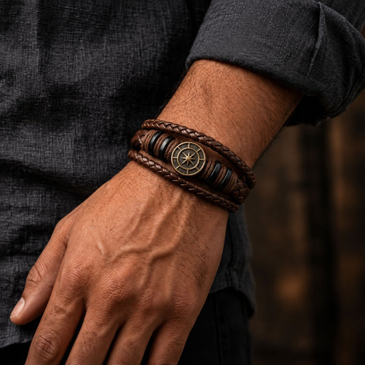 THE MEN THING Leather Bracelet NOMAD STAR - Brown Genuine Leather Bracelet Set for Men & Boys (Adjustable)