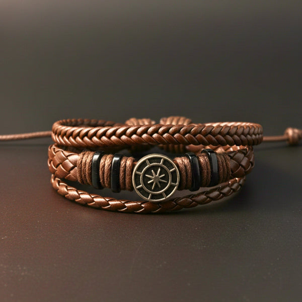 NOMAD STAR - Brown Genuine Leather Bracelet Set for Men & Boys (Adjustable)