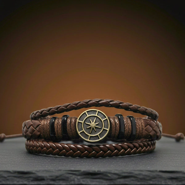 NOMAD STAR - Brown Genuine Leather Bracelet Set for Men & Boys (Adjustable)